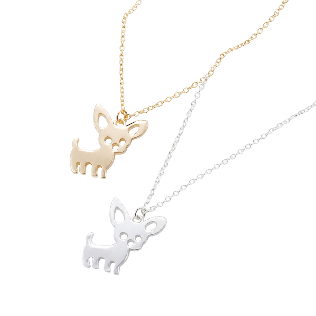 Gold-tone and silver-tone Fidèle Chihuahua dog pendant necklaces displayed on a light background
