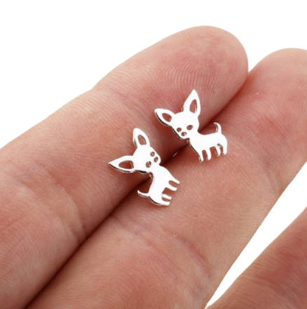 Thumbnail: Silver-tone Chihuahua earrings displayed on fingers