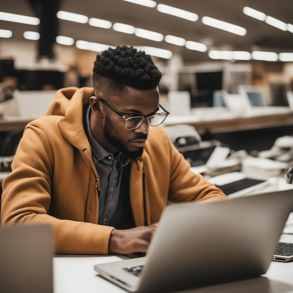 A person thoroughly inspecting a laptop in a well-lit environment, wearing glasses and a brown jacket. They are seated at a table with multiple laptops around, focused on evaluating the device, illustrating careful consideration when buying a used laptop.