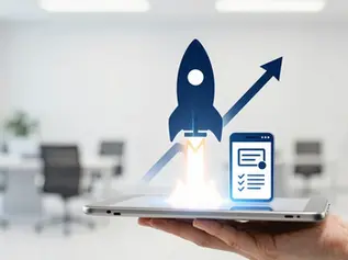 Tablet con un HUD holográfico de un producto financiero lanzándose con velocidad, en la línea visual de WAU.