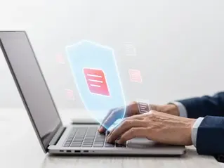 A bank security analyst at a holographic HUD scoring a transaction in milliseconds before approving it, in WAU's visual style.