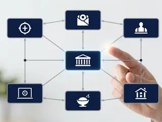 A solutions architect at a screen with a holographic HUD of decoupled banking modules connected by APIs and events, in WAU's visual style.