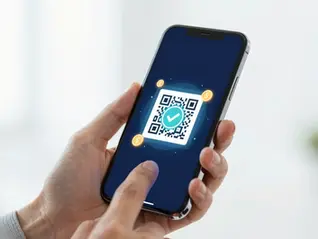 A person scanning a QR payment code with their phone at a Mexican shop, with a holographic HUD of real-time payment data, in WAU's visual style.