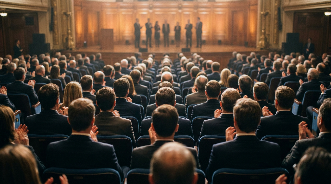 Público trajeado aplaudiendo en el auditorio de una ceremonia de reconocimiento profesional, visto desde el fondo de la sala