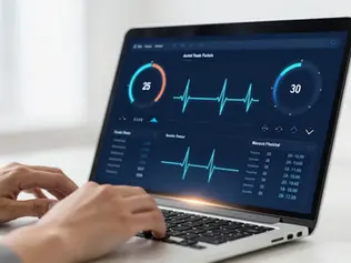 An observability dashboard with real-time metrics protecting an always-on core banking system, holographic HUD, in WAU's visual style.
