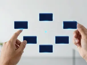 Bloques modulares isométricos que se conectan para formar una arquitectura bancaria componible, con la identidad visual de WAU.
