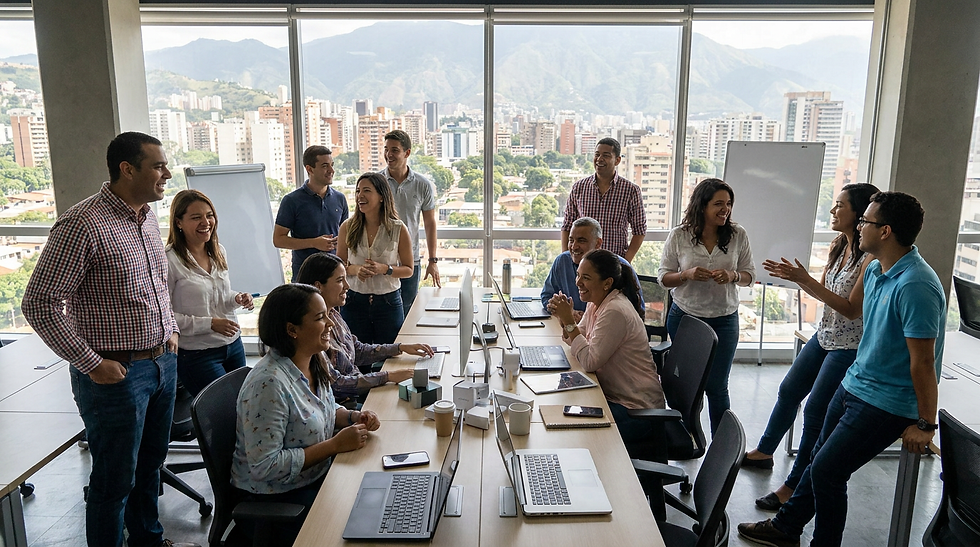 Emprendedores venezolanos reunidos evaluando qué tipo de empresa constituir