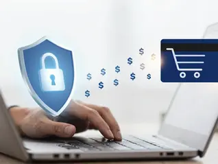 A professional at a laptop with a holographic HUD showing a card number turning into an encrypted token during checkout, in WAU's visual style.
