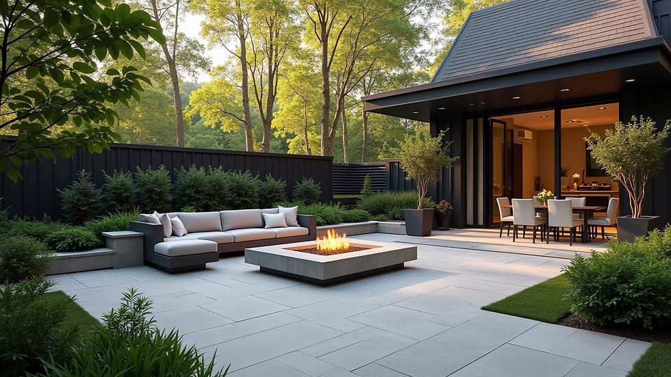 Eye-level view of a modern backyard with a stone patio and built-in fire pit