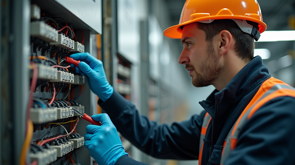 Close-up view of electrician testing commercial electrical wiring
