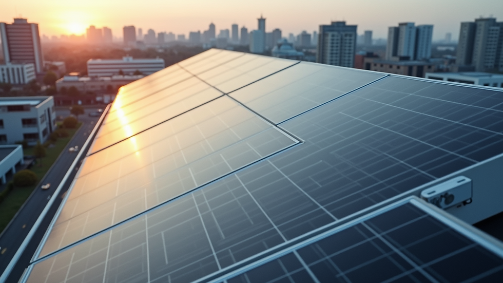 High angle view of commercial building rooftop solar panels