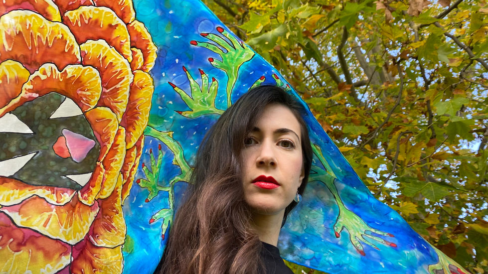 wearable art, Yagama, art witch, slow fashion, textile art, handpainted, conceptual fashion, talisman, art spell, empowerment, silk art, protection, feminist art, divine feminine, collector, gallery, menstruation, pussynator, pussy, yoni, vulva, vagina dentata, shakti, tantric art, body positive, bodypositive, rebel, power, strength, goddess, Ягама, flowers, fanged flowers, surrealism, mysticism, outsider art, художник, тантра, йога, мистицизм, картина, шëлк, коприна, silk painting