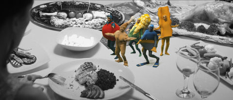A musical short film still depicting quirky food characters. A surreal commentary on our relationship with food, touching on issues such as food waste, body shaming, ecology and unethical farming.