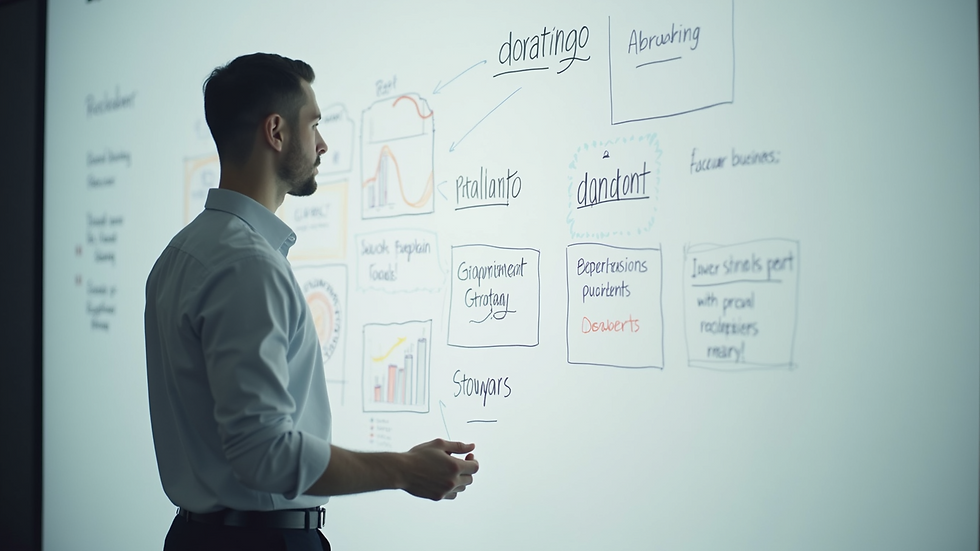 High angle view of a whiteboard with business strategy diagrams