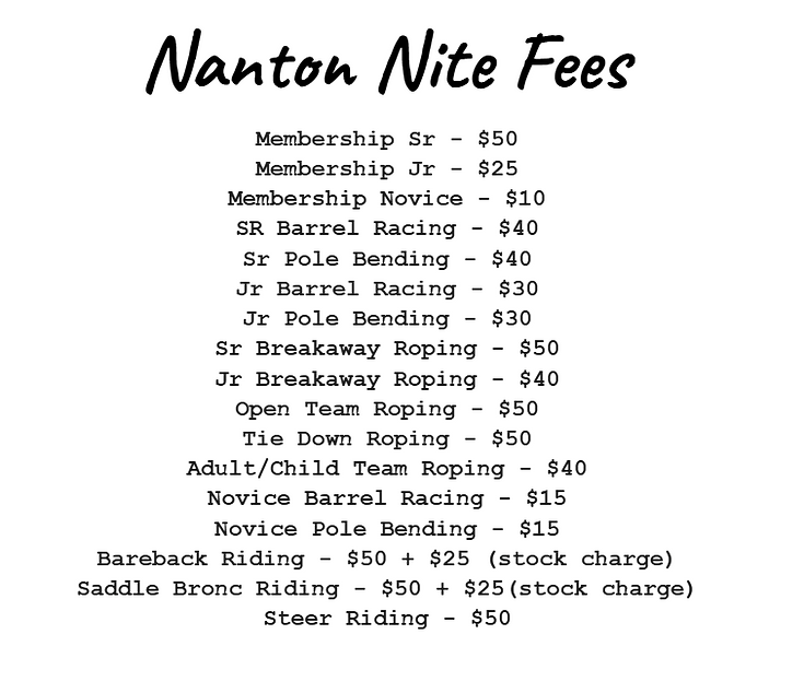 Nanton Nite Rodeo Fees