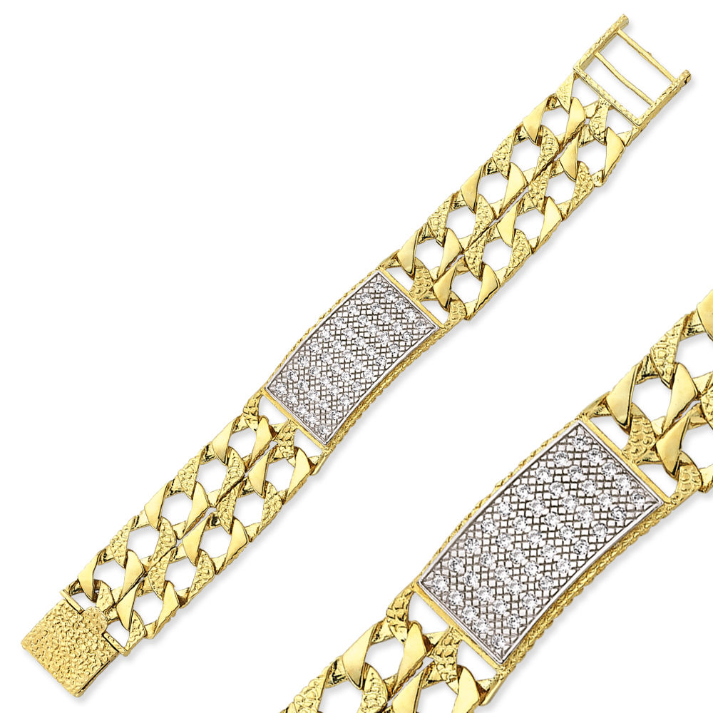 9kt yellow gold kids semi-engraved double curb CZ ID bracelet