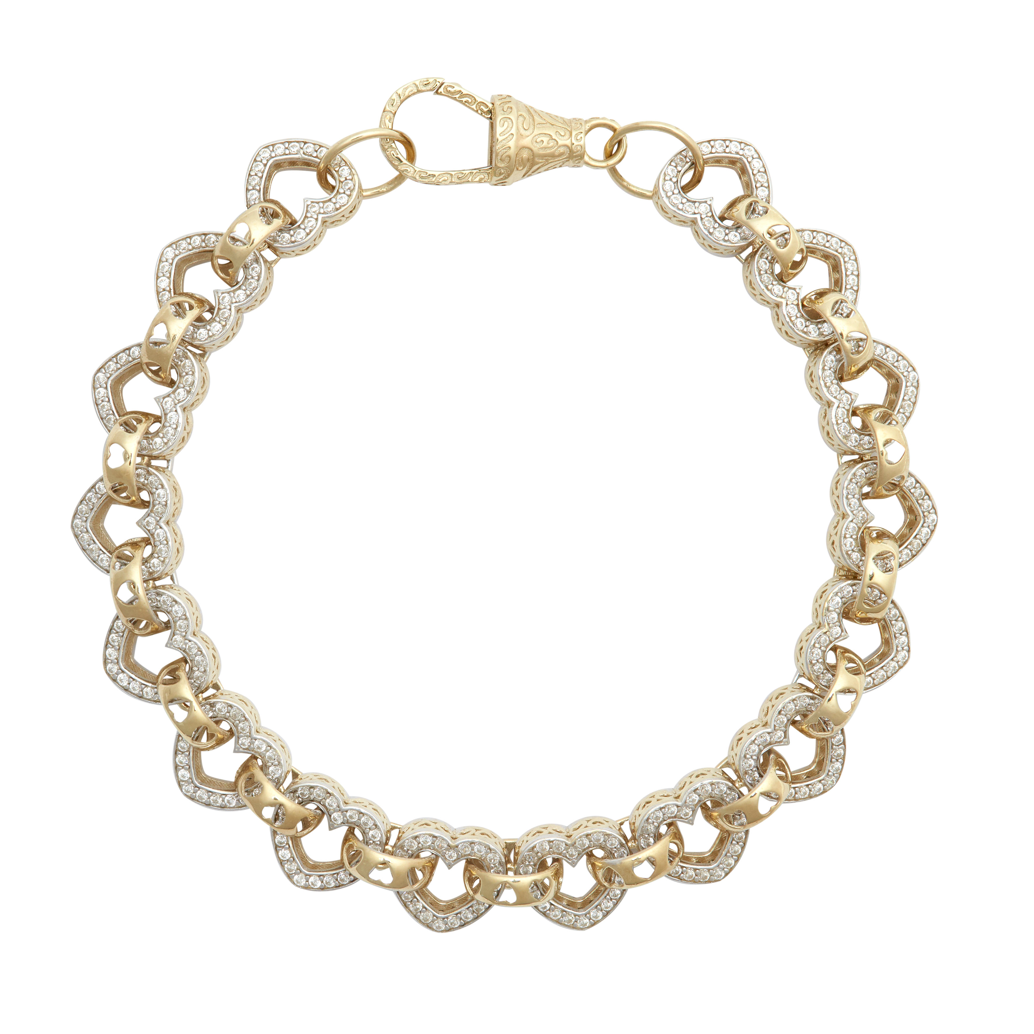9kt yellow gold kids double sided CZ/engraved heart link belcher bracelet