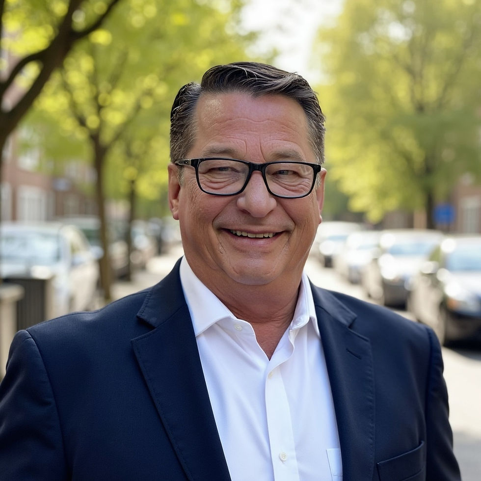 Portrait of a smiling middle-aged man in a navy blazer