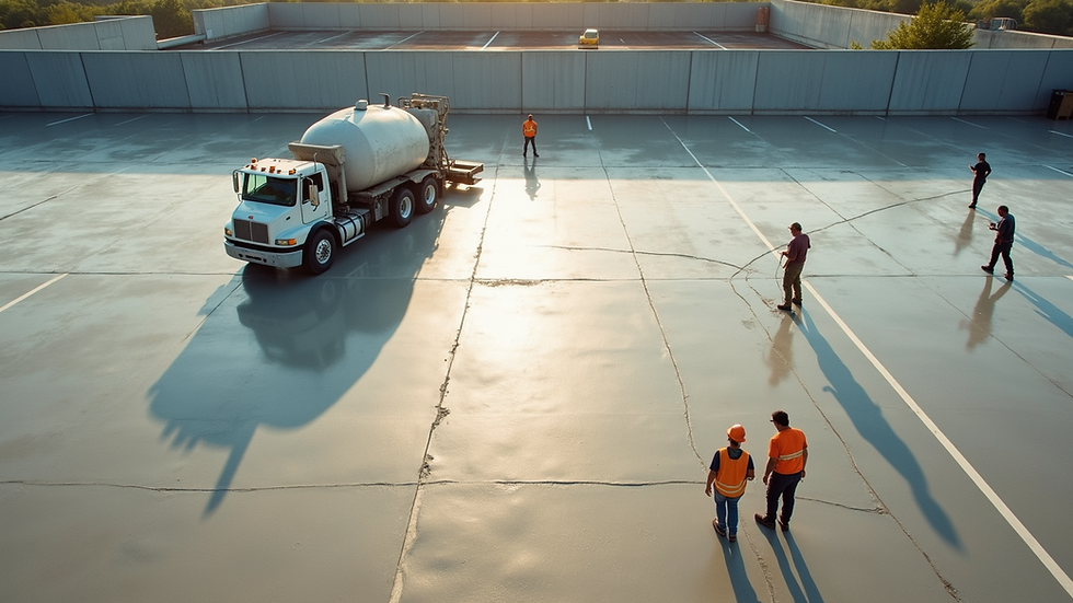 High angle view of concrete workers smoothing a large parking lot surface