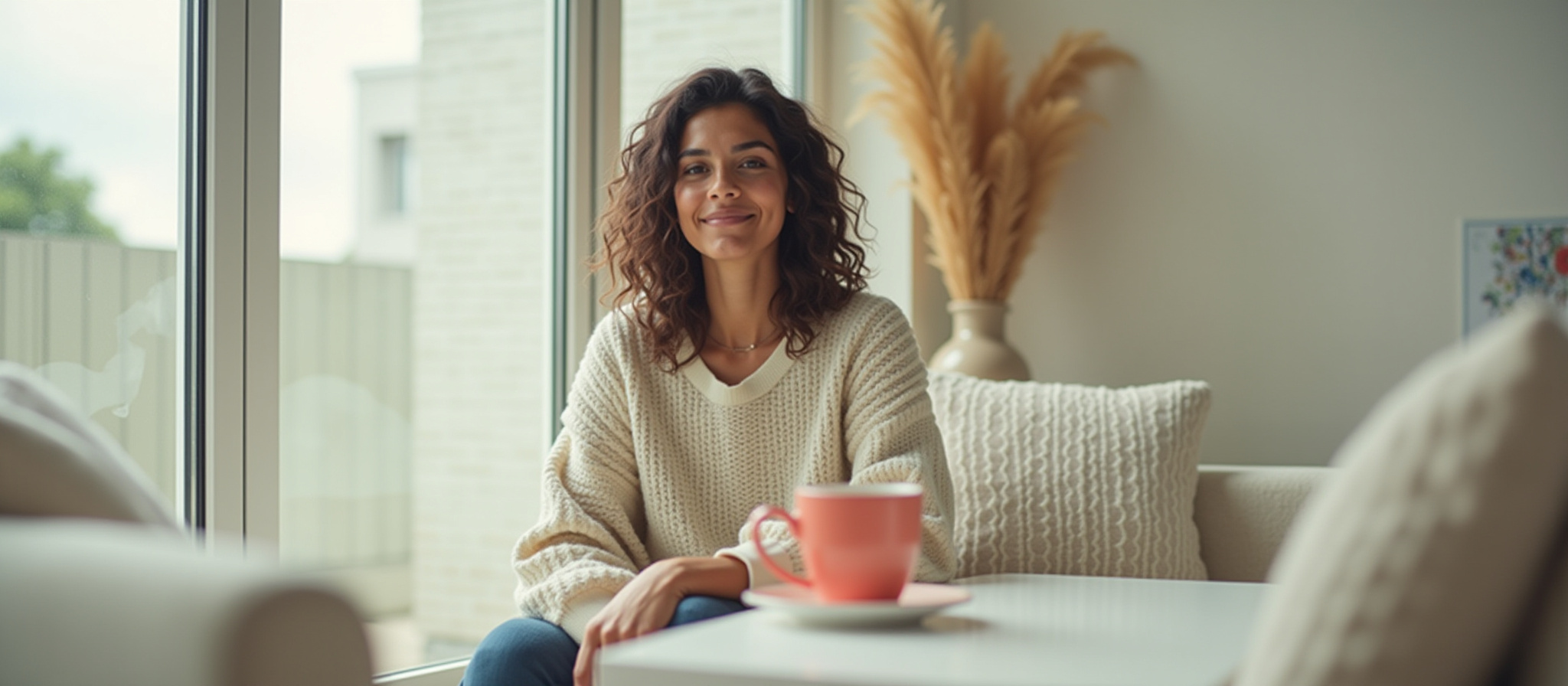 Smiling woman with a coffee cup in her hands at home. Outreach.
