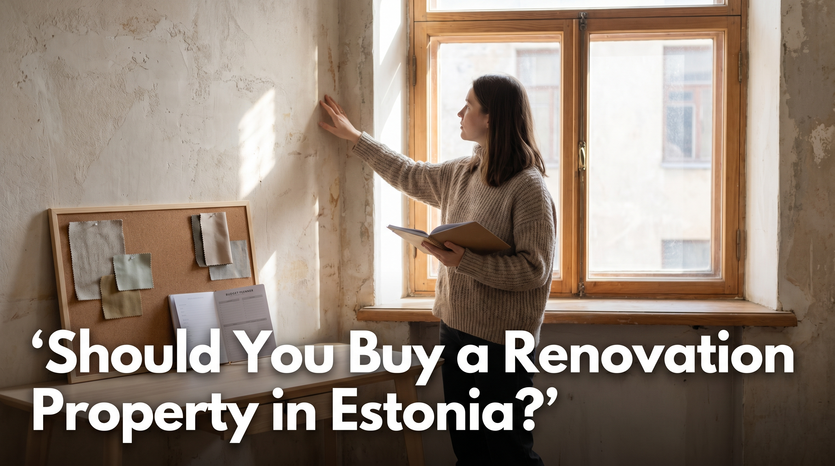 Buyer inspecting unrenovated Estonian apartment with renovation mood board and budget planner on Scandinavian table