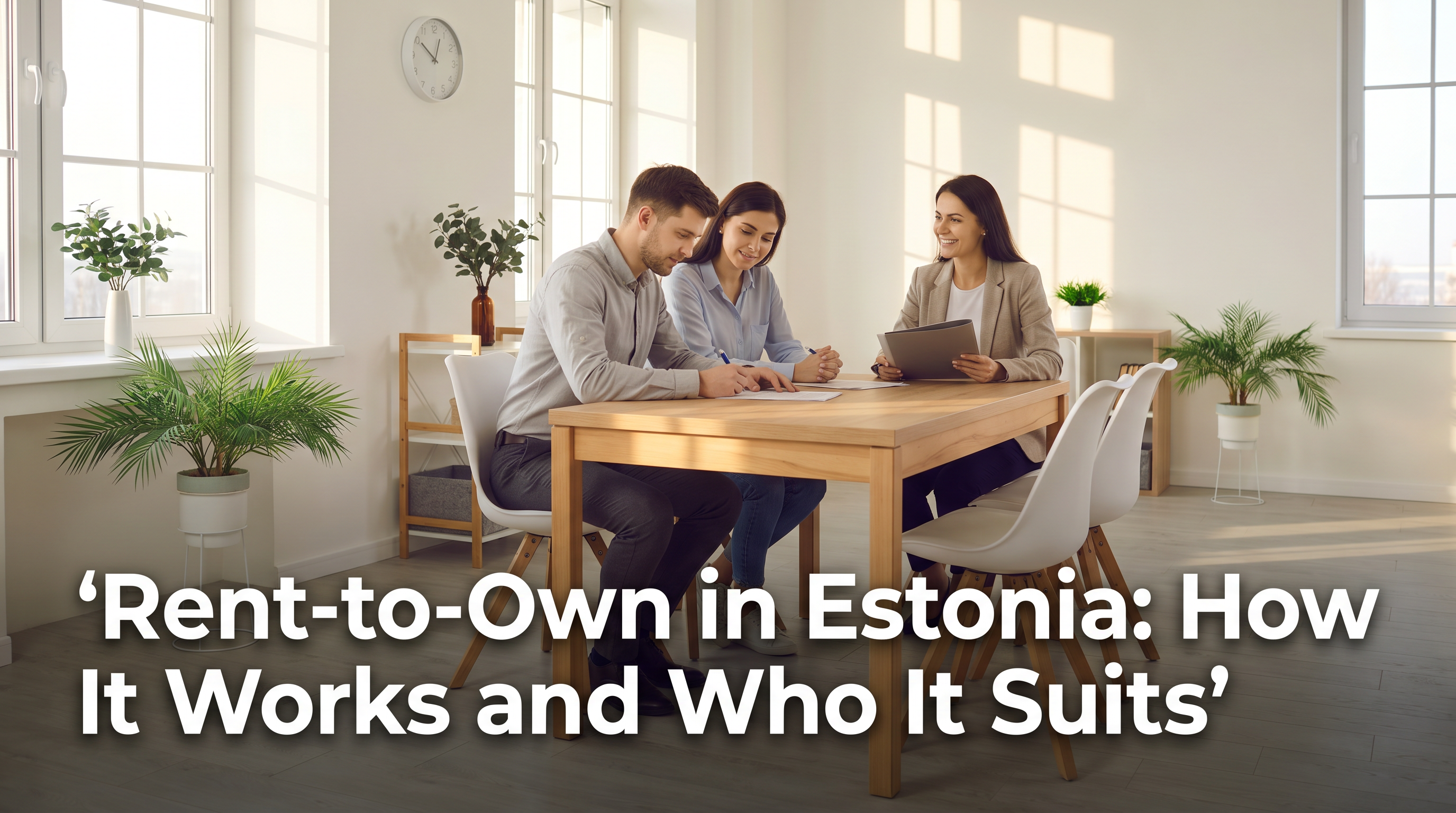 Young couple signing rent-to-own property agreement with estate agent in a bright modern Tallinn apartment