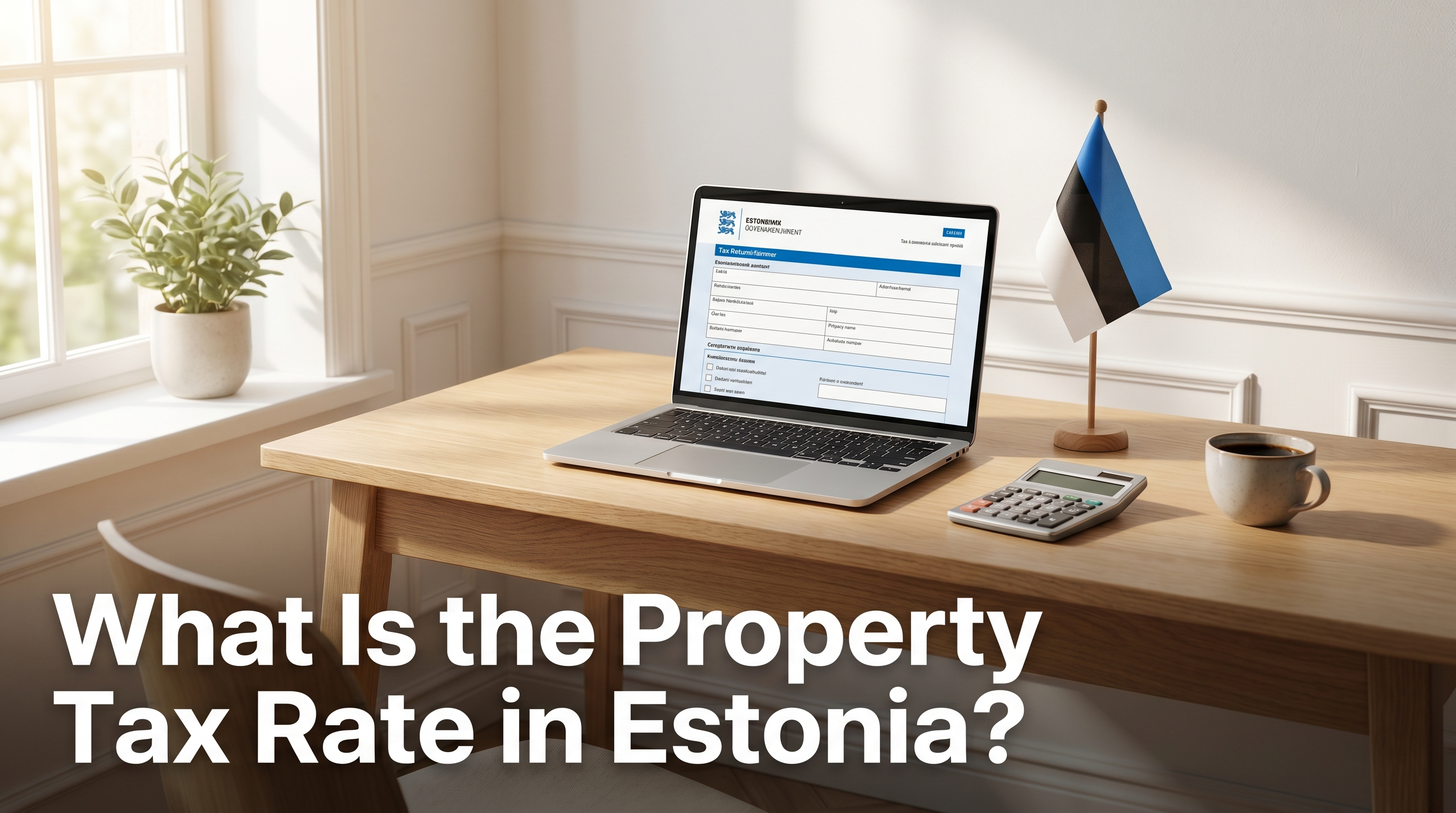 Home office desk with laptop showing tax form, calculator and Estonian flag in Nordic daylight