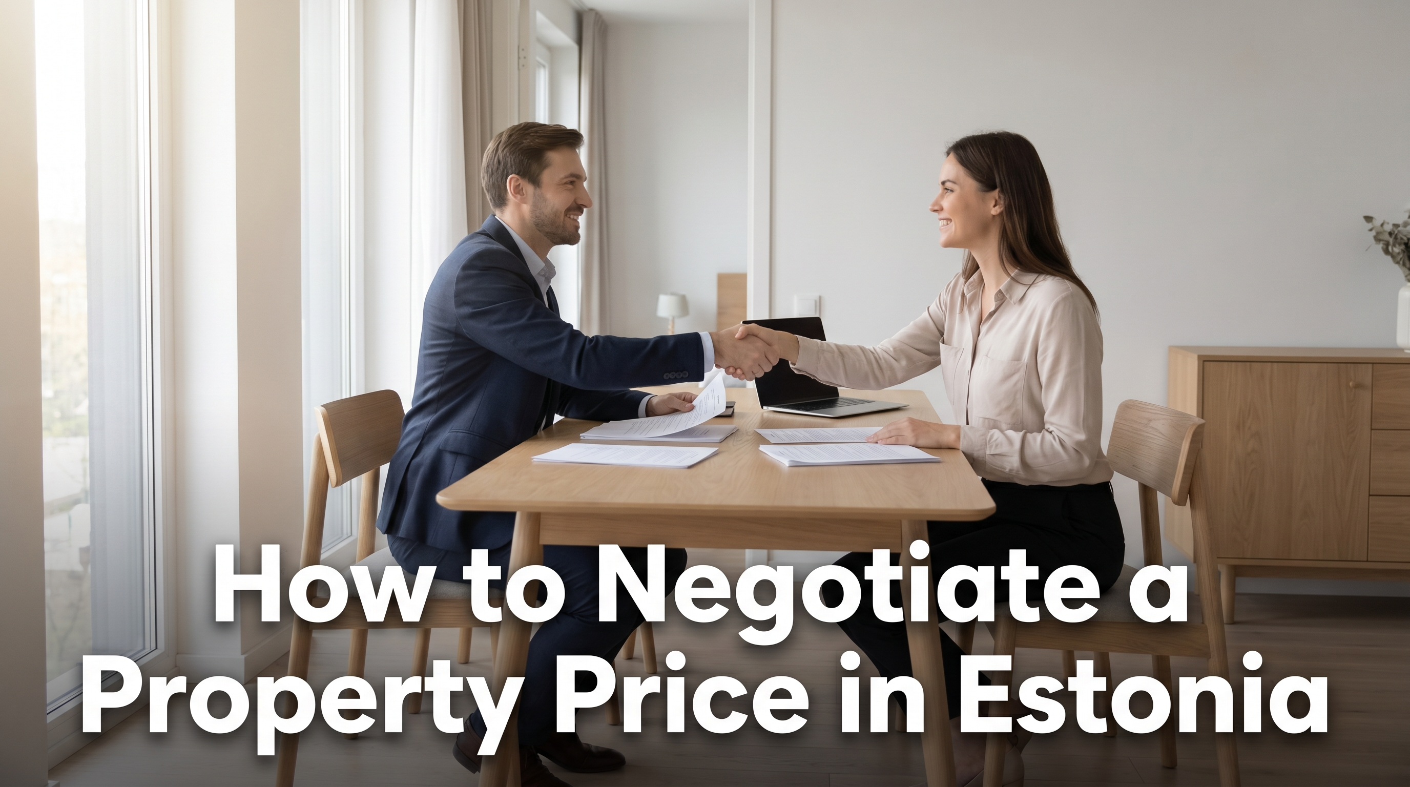 Buyer and seller shaking hands across Scandinavian dining table with property documents and Nordic daylight