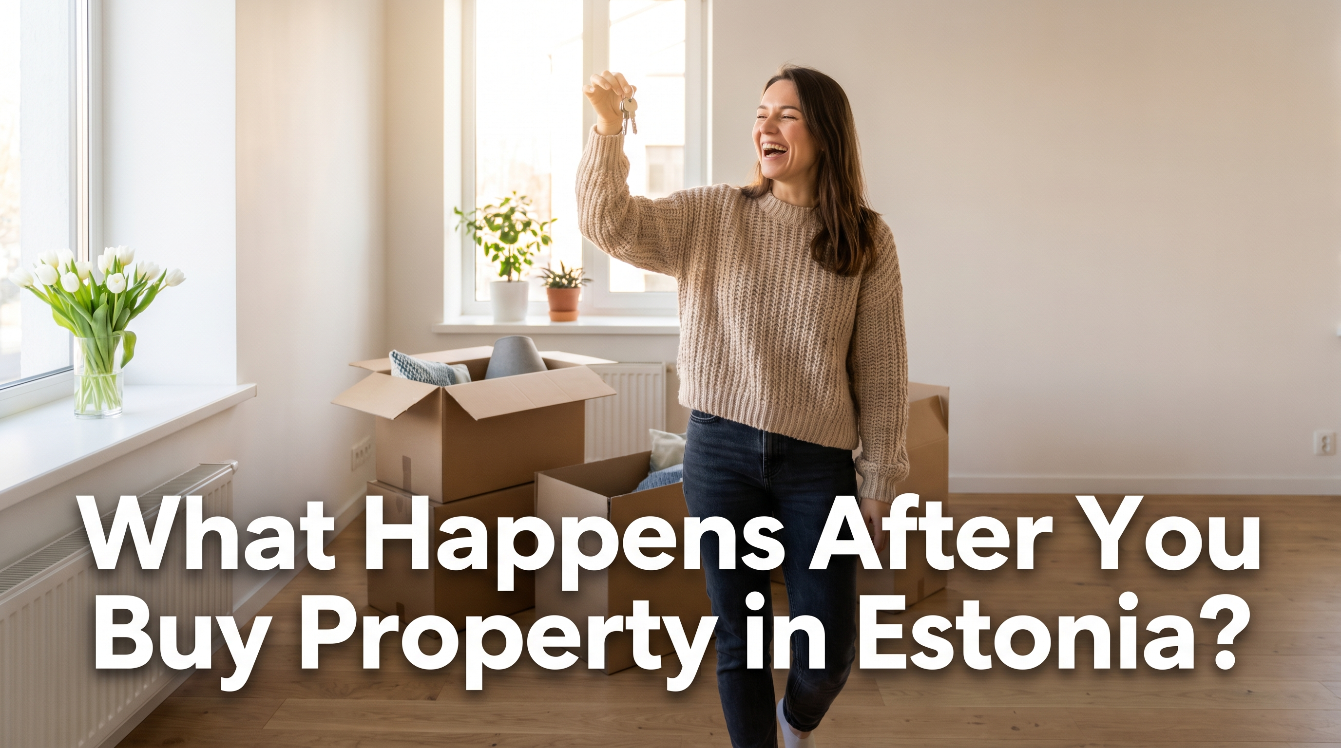 Happy new homeowner holding keys in bright modern Estonian apartment with boxes and fresh flowers