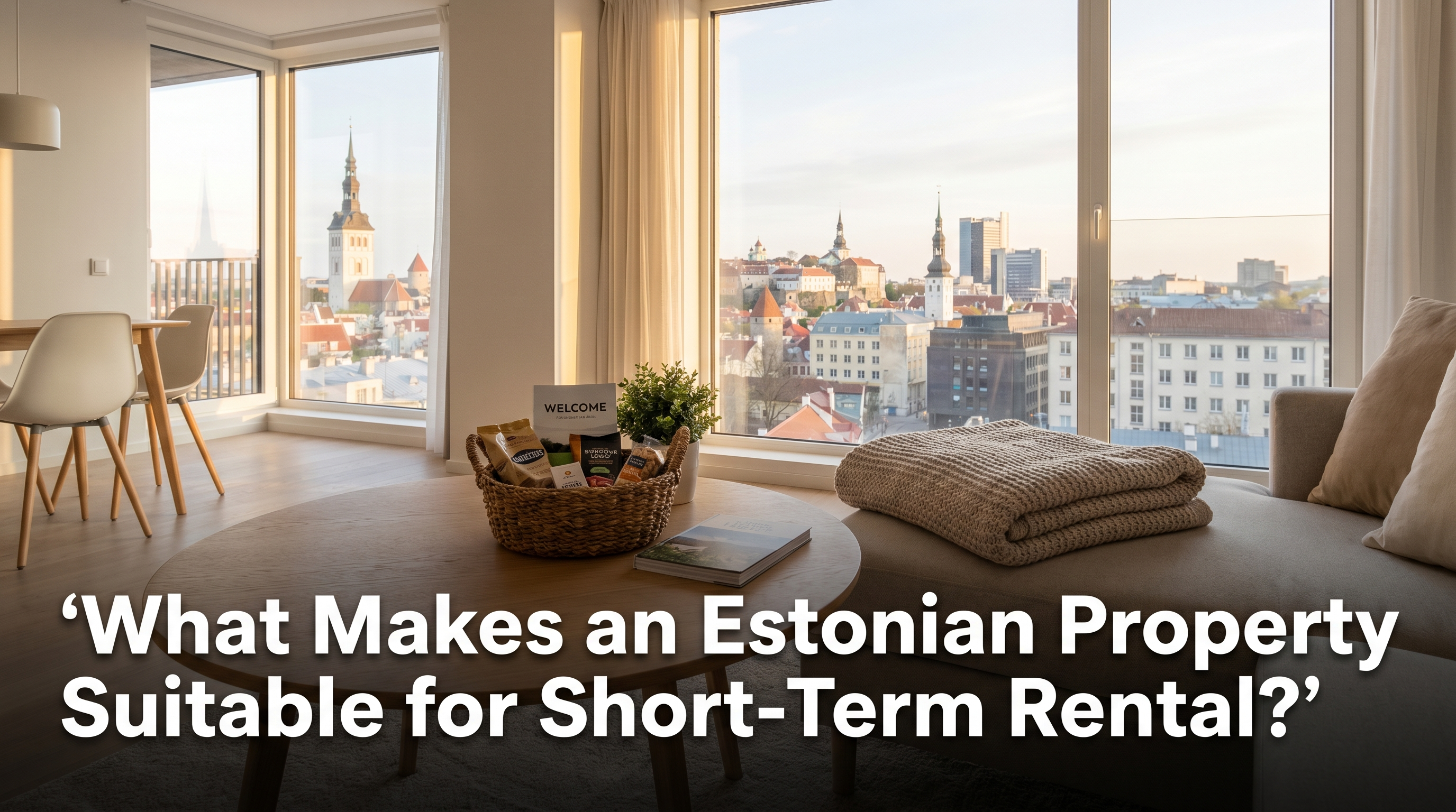 Modern Estonian apartment set up as a short-term rental with welcome basket and Scandinavian decor