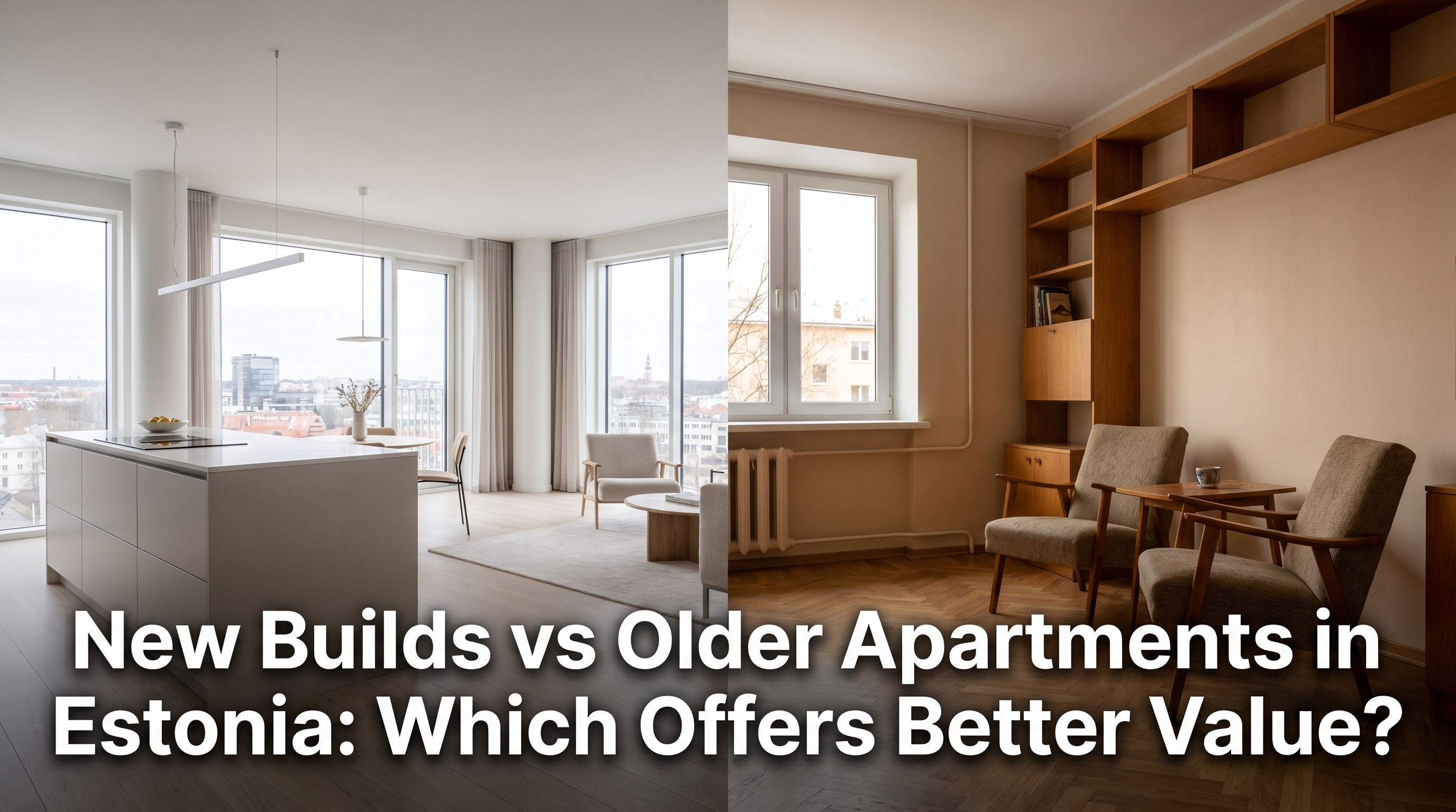 Side-by-side comparison of sleek modern Estonian new-build interior and charming renovated Soviet-era apartment with oak finishes