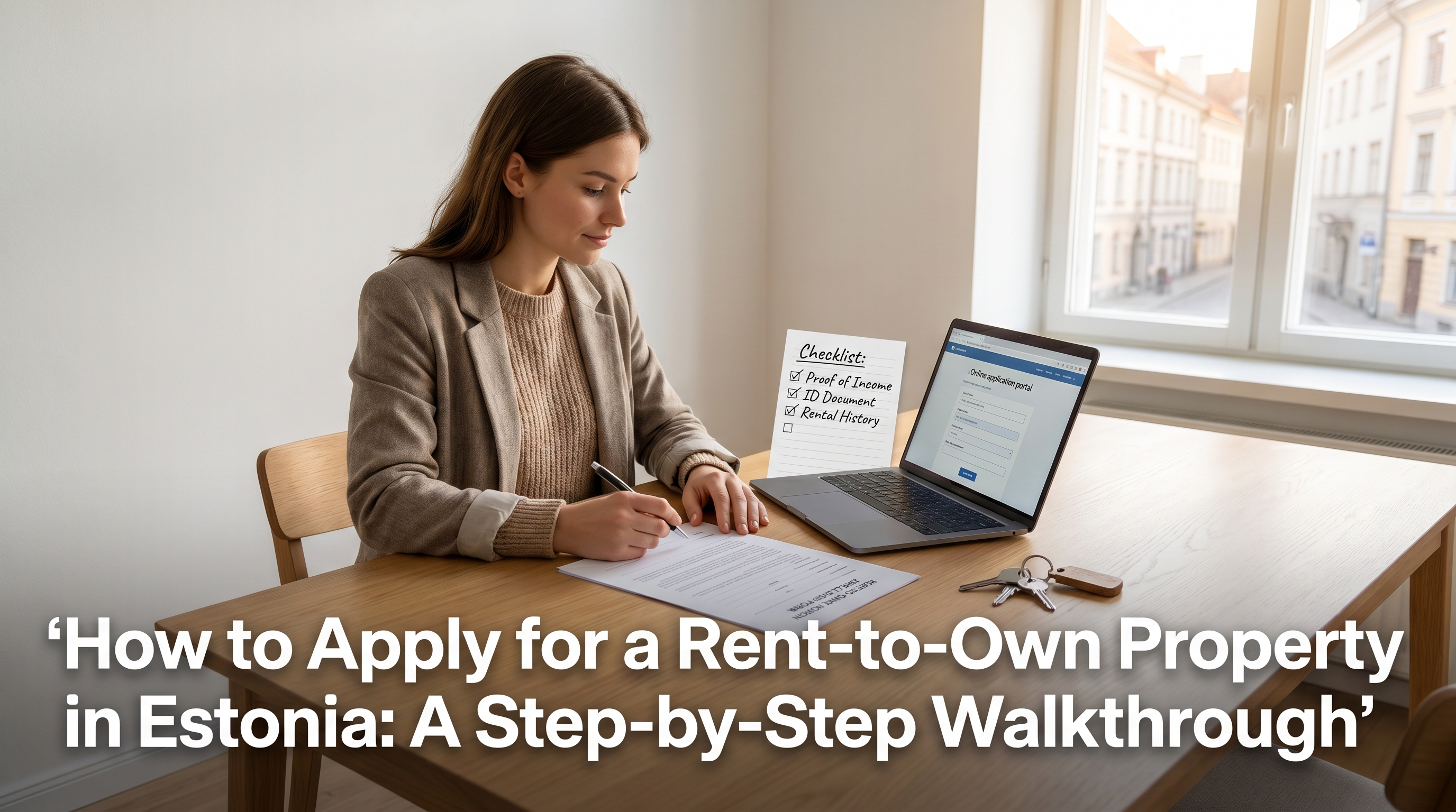 Young buyer completing rent-to-own application form at Scandinavian desk with checklist and house keys