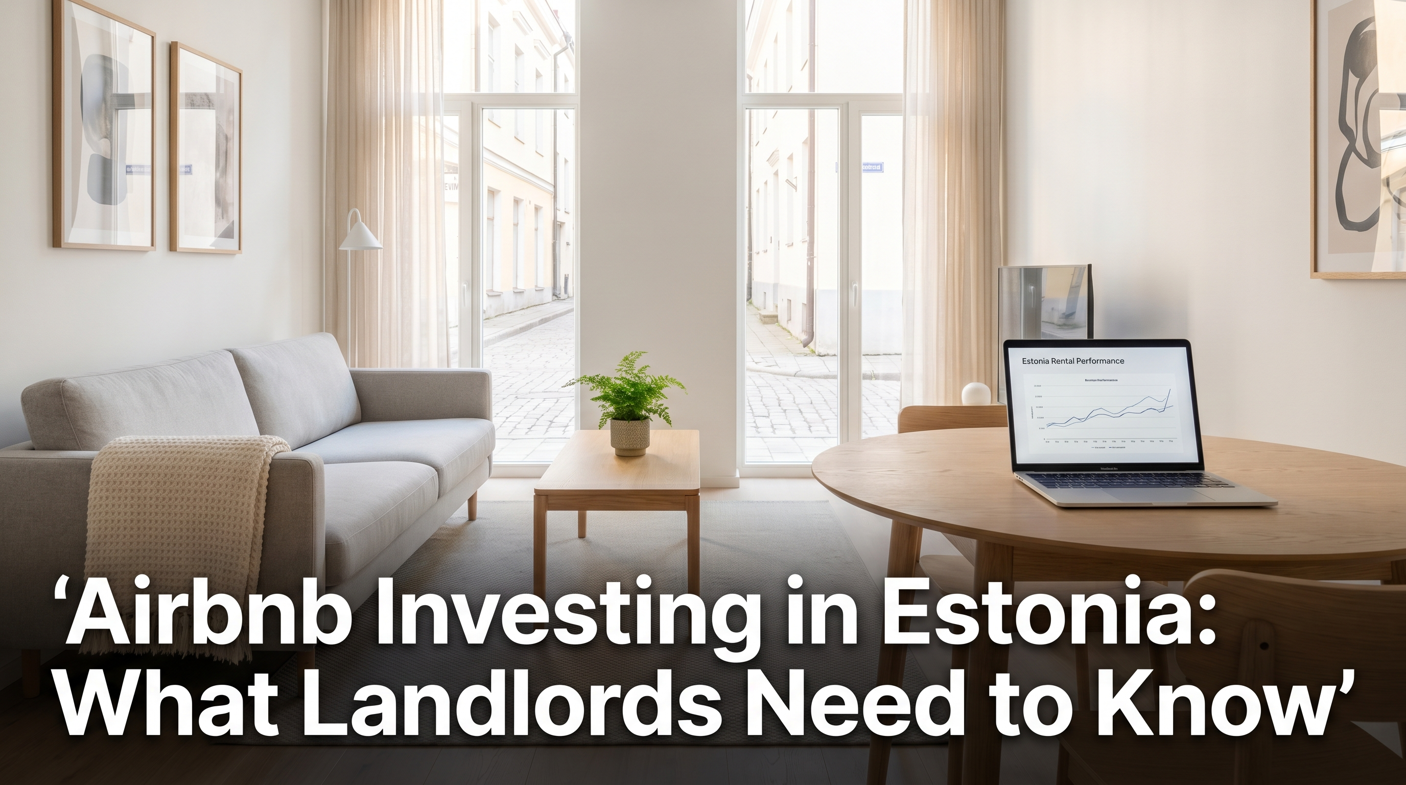 Modern Estonian apartment staged as a short-term rental with laptop showing rental income analytics on dining table