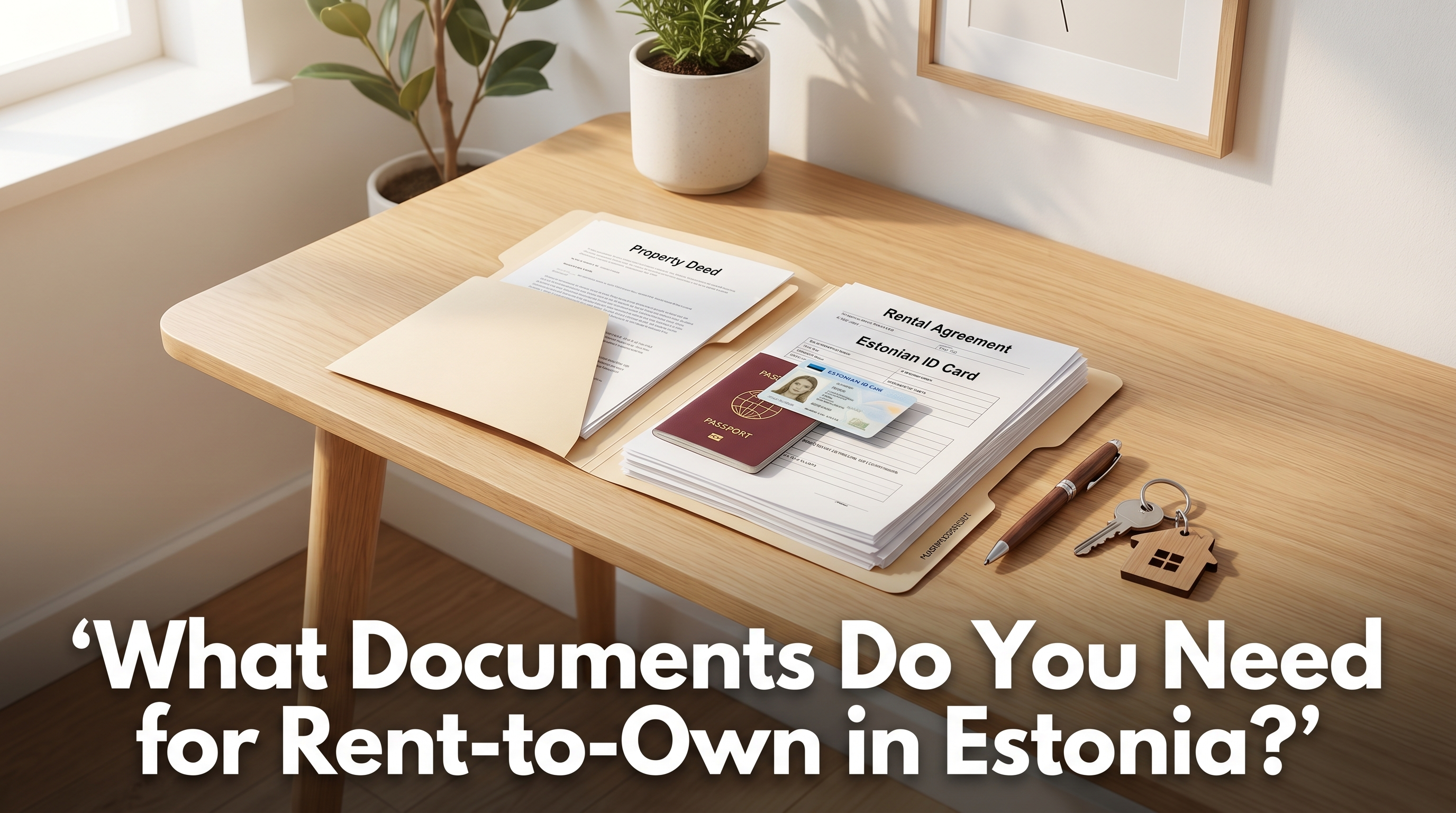 Organised folder of property documents and identification papers on a clean Scandinavian desk with pen and house keys