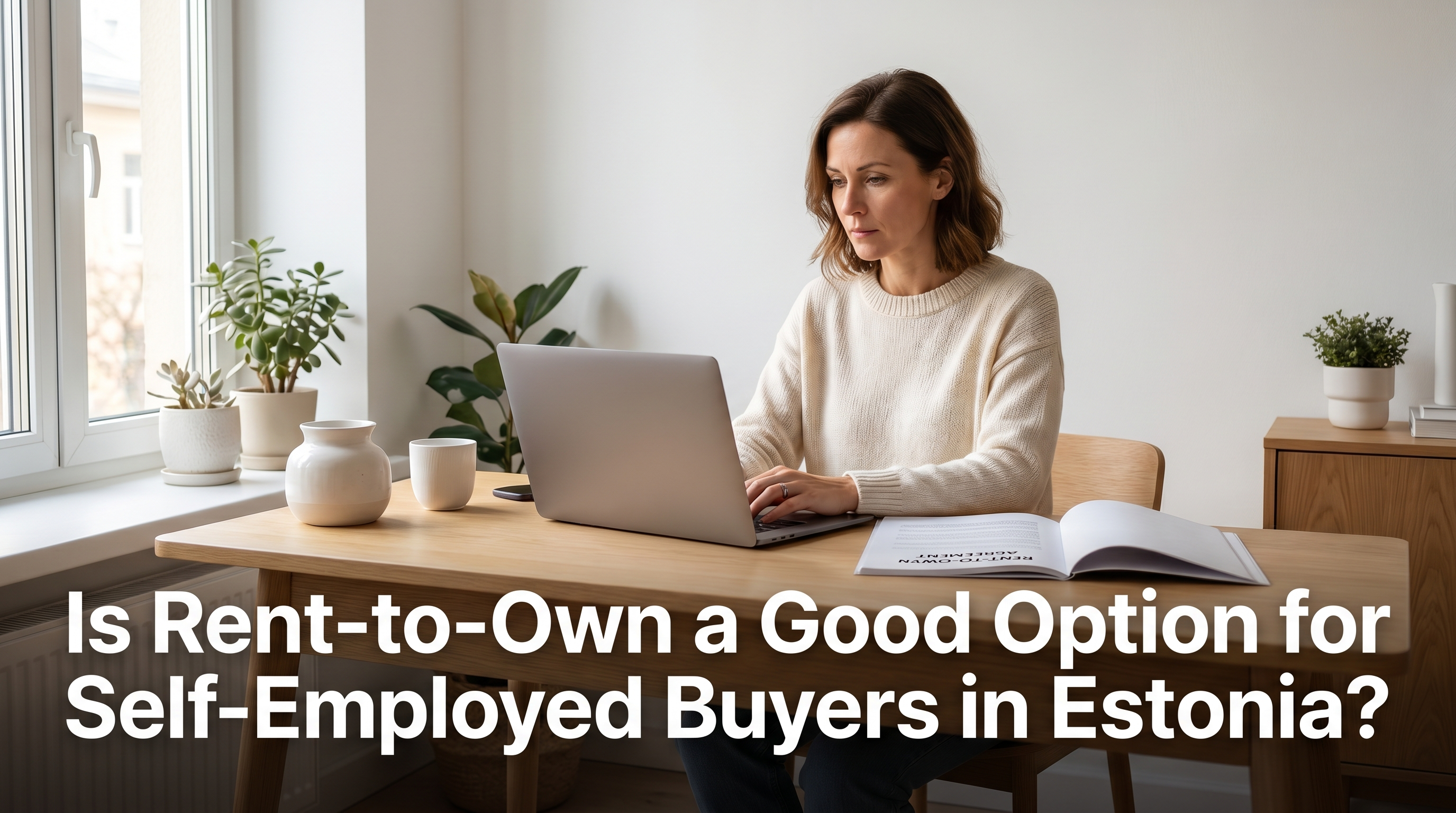 Self-employed professional working on laptop at Scandinavian home office desk with rent-to-own agreement document