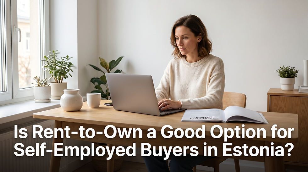 Self-employed professional working on laptop at Scandinavian home office desk with rent-to-own agreement document