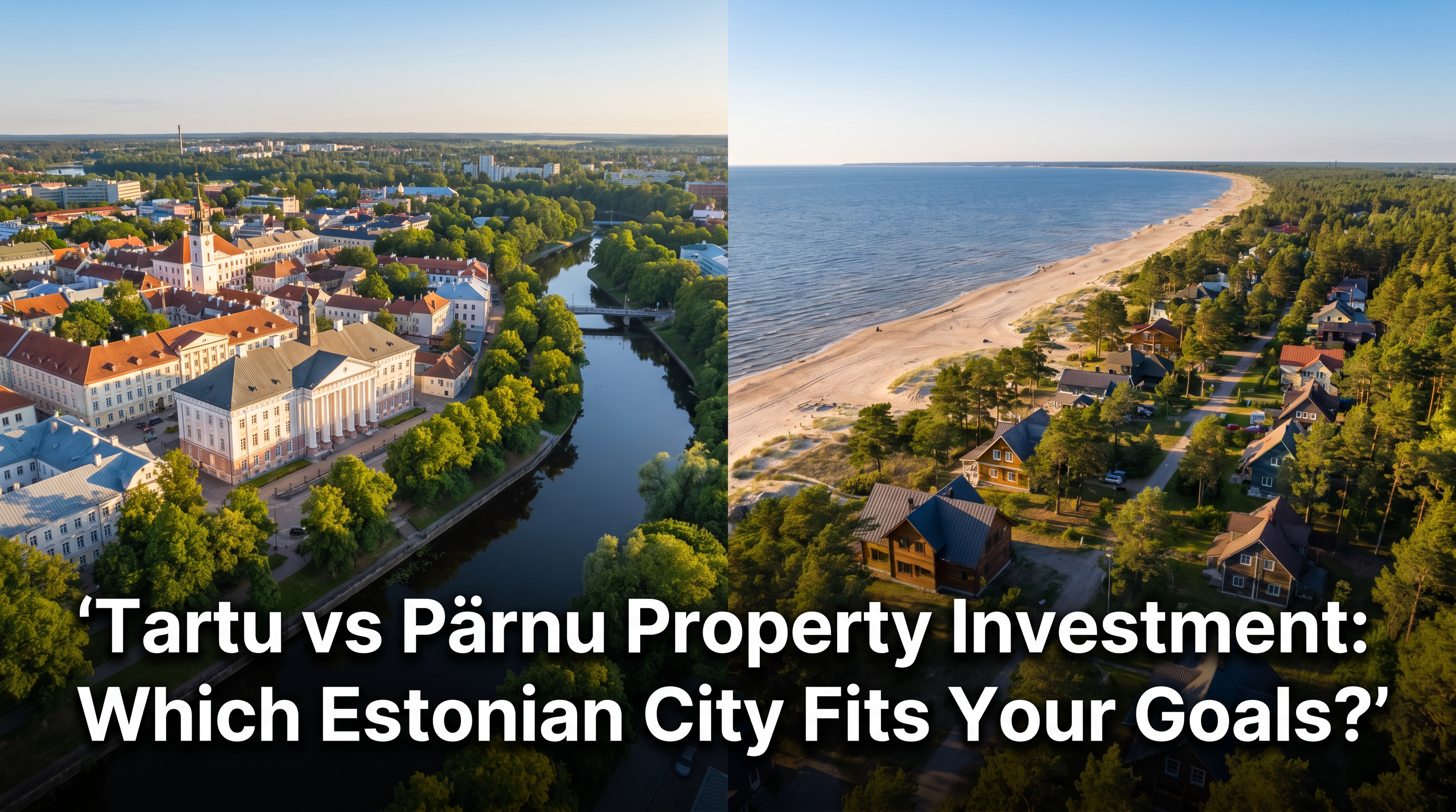 Split aerial view of Tartu city centre with university and river on left and Parnu beach and summer villas on right