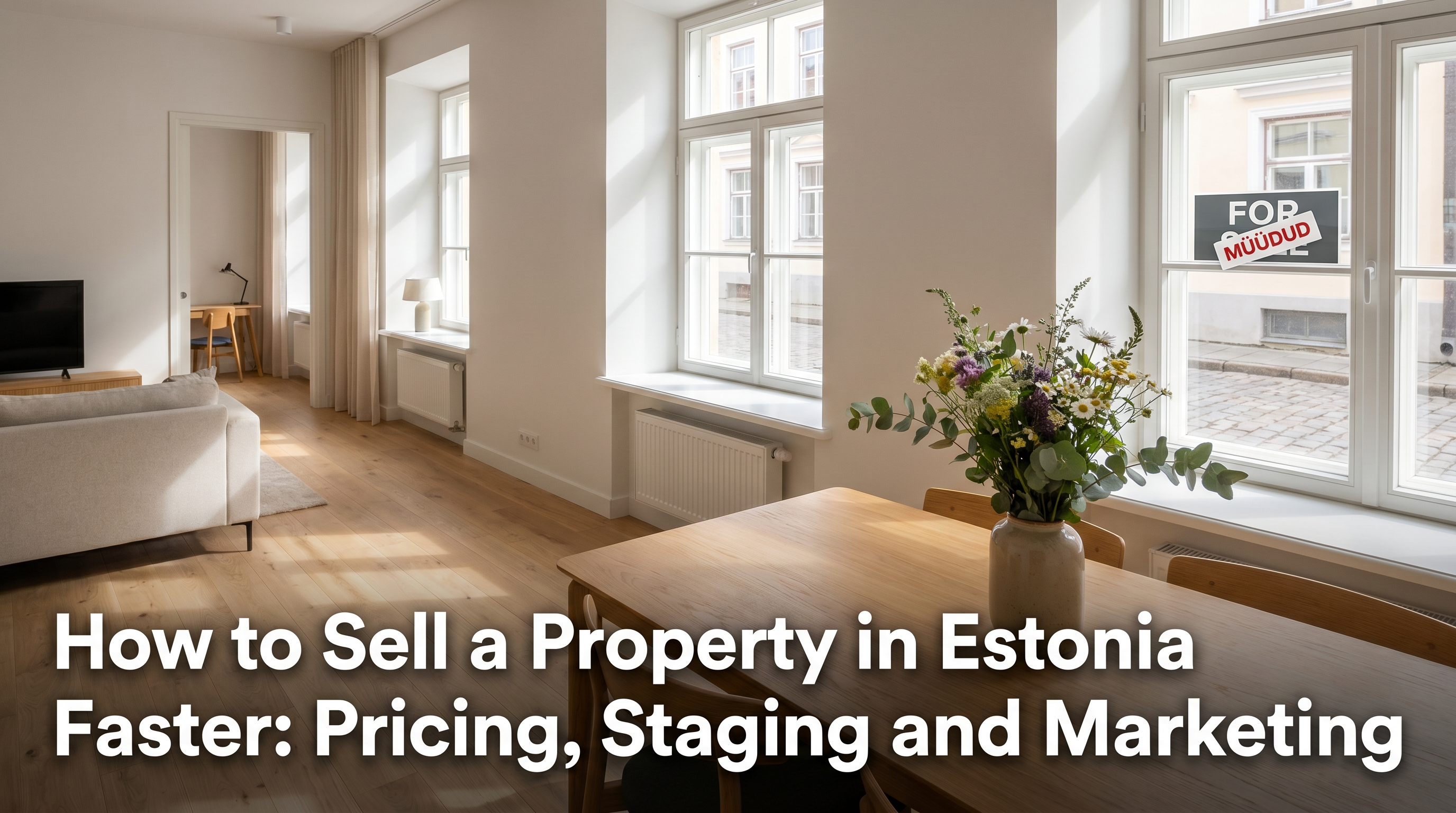 Beautifully staged Estonian apartment with sold sticker on for-sale sign fresh flowers and professional lighting