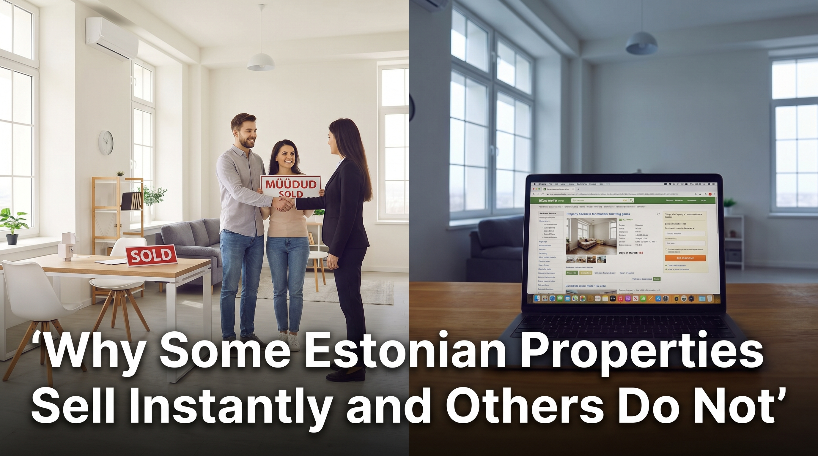 Split scene showing beautifully presented Estonian apartment with sold sign alongside stale property listing on laptop