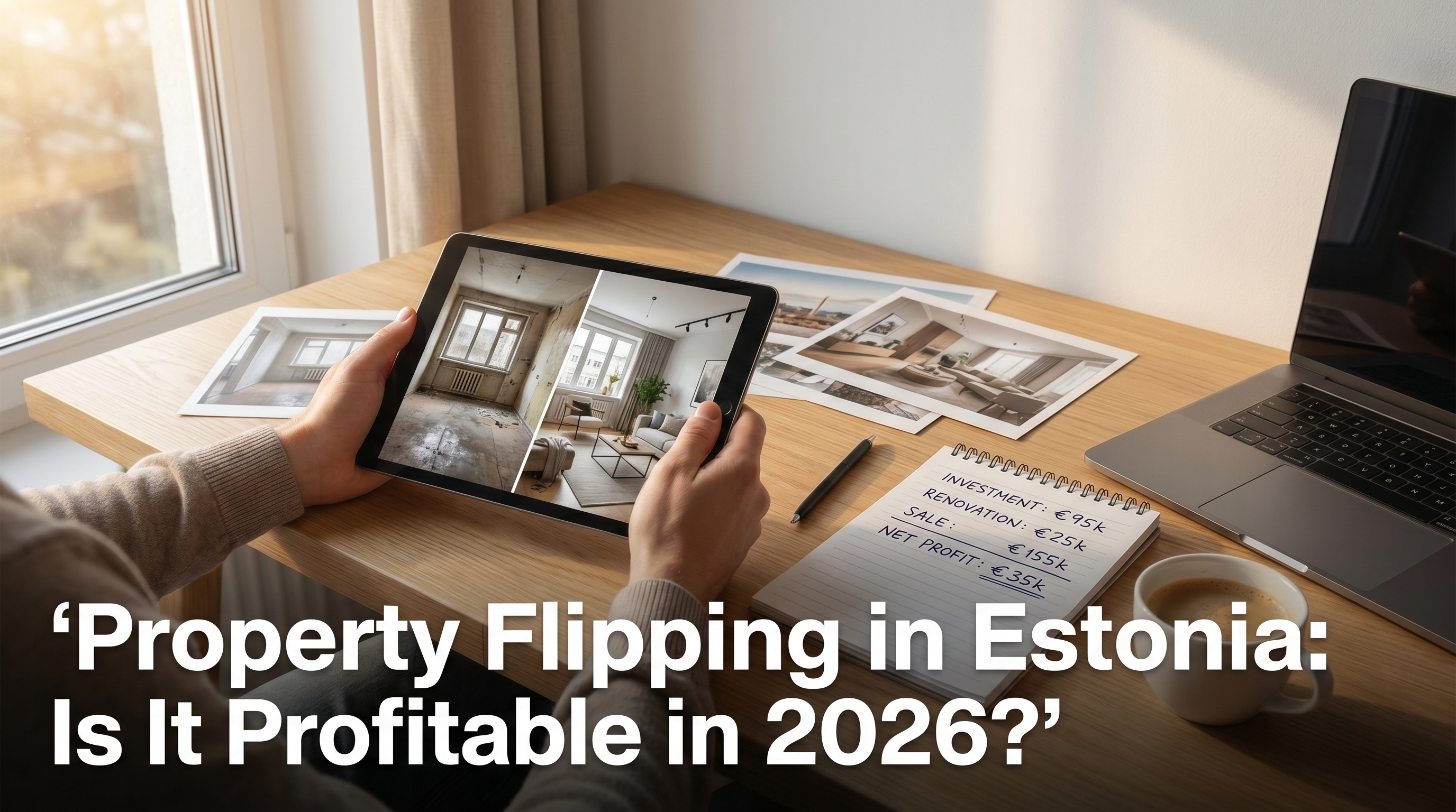 Property investor reviewing before and after renovation photos of Estonian apartment with profit calculations on notepad