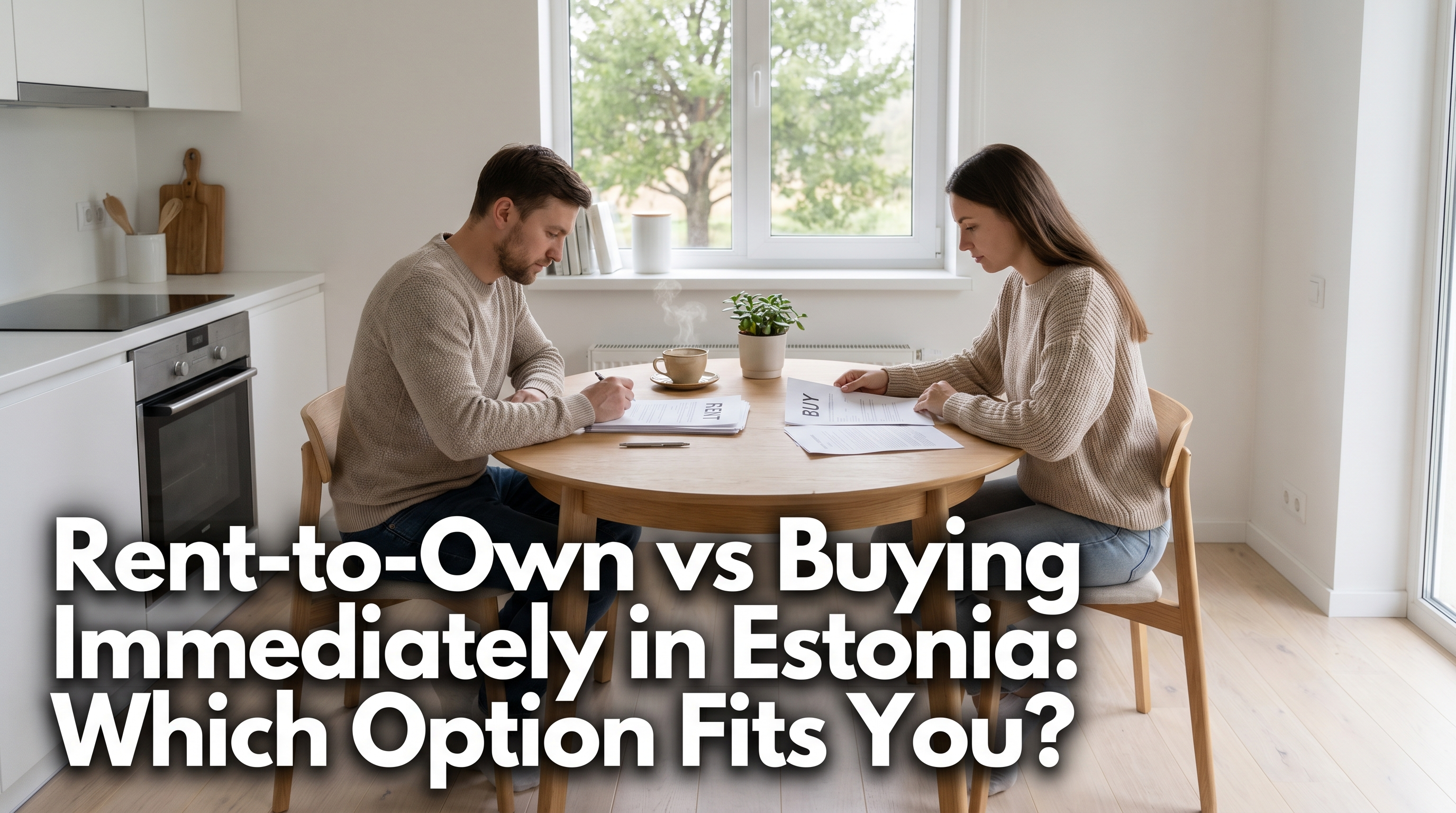 Couple comparing rent-to-own and buying documents at a Scandinavian kitchen table in Nordic daylight