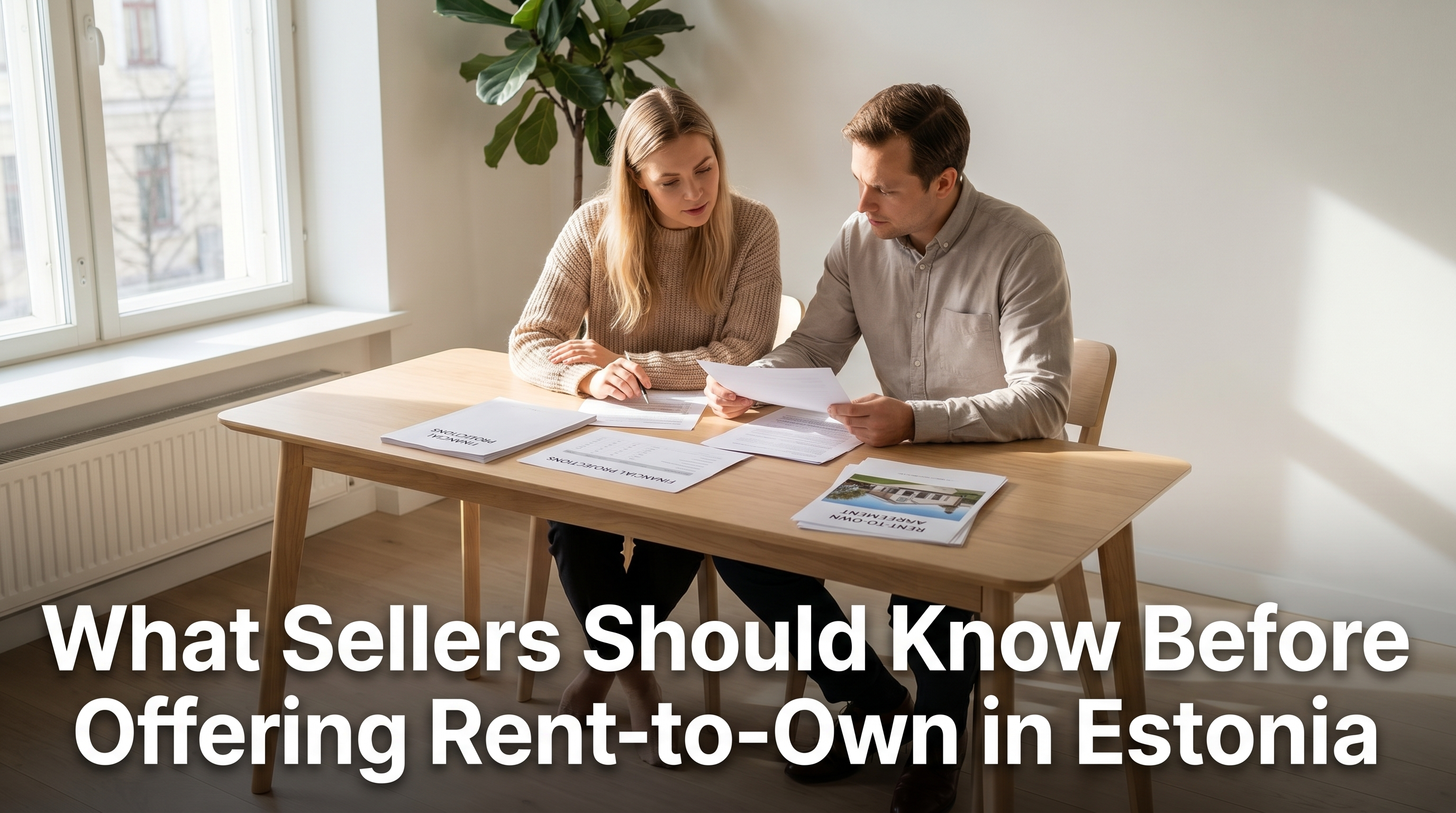 Property seller reviewing rent-to-own seller agreement with consultant at Scandinavian desk with financial projections