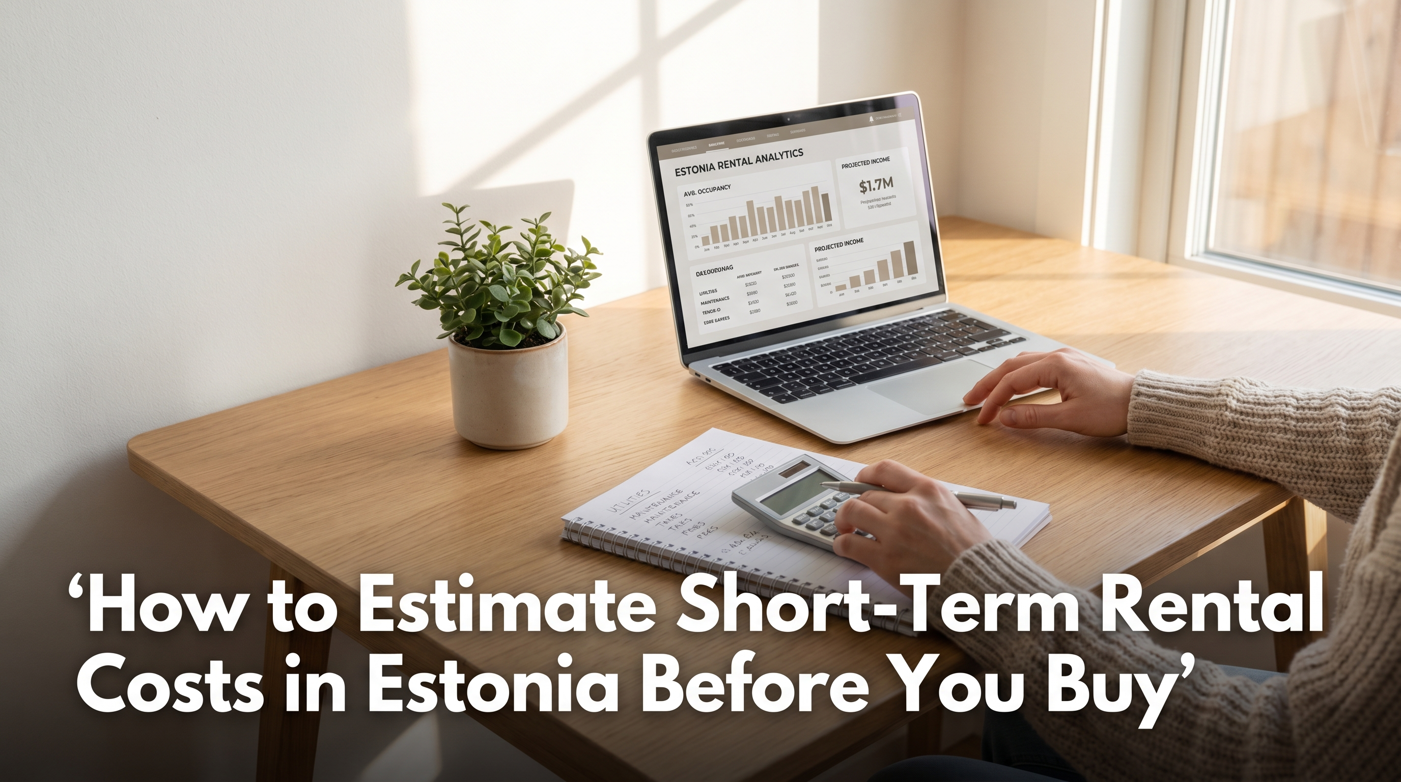 Investor at Scandinavian desk with calculator notepad and short-term rental dashboard in Nordic daylight