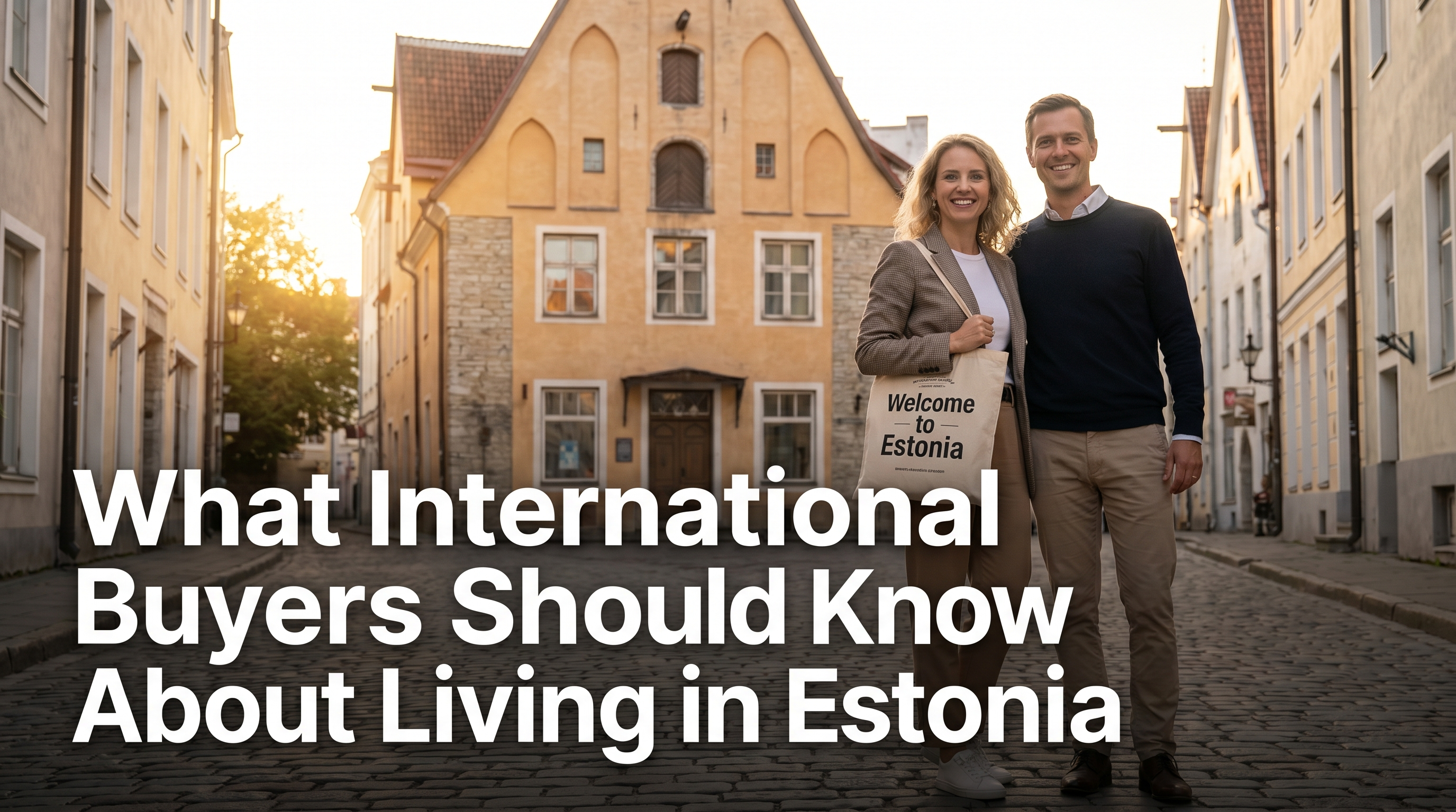 International couple standing in front of an Estonian apartment building in Tallinn Old Town at golden hour