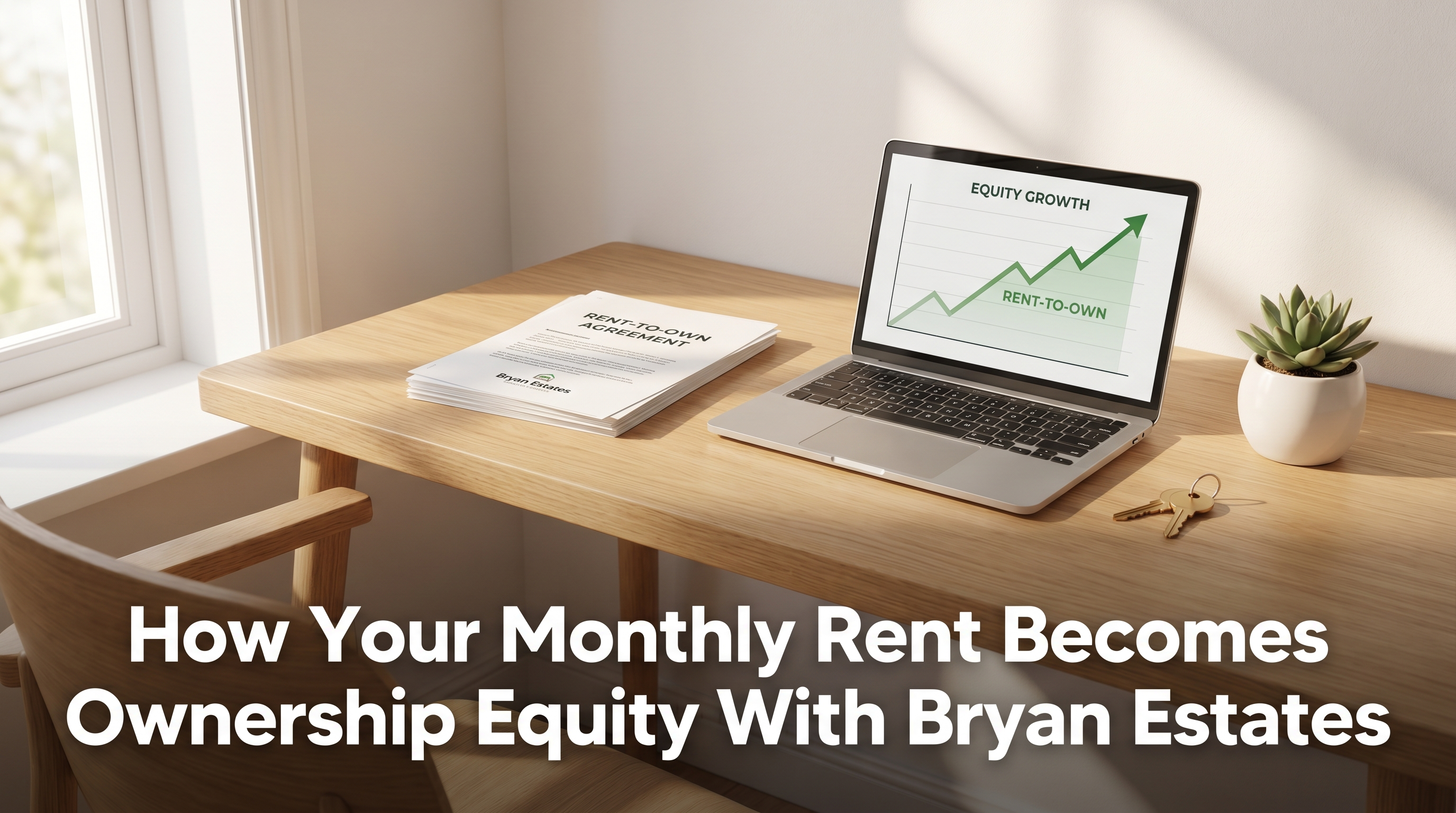 Growing equity chart on laptop screen at Scandinavian desk with rent-to-own agreement document house keys and plant