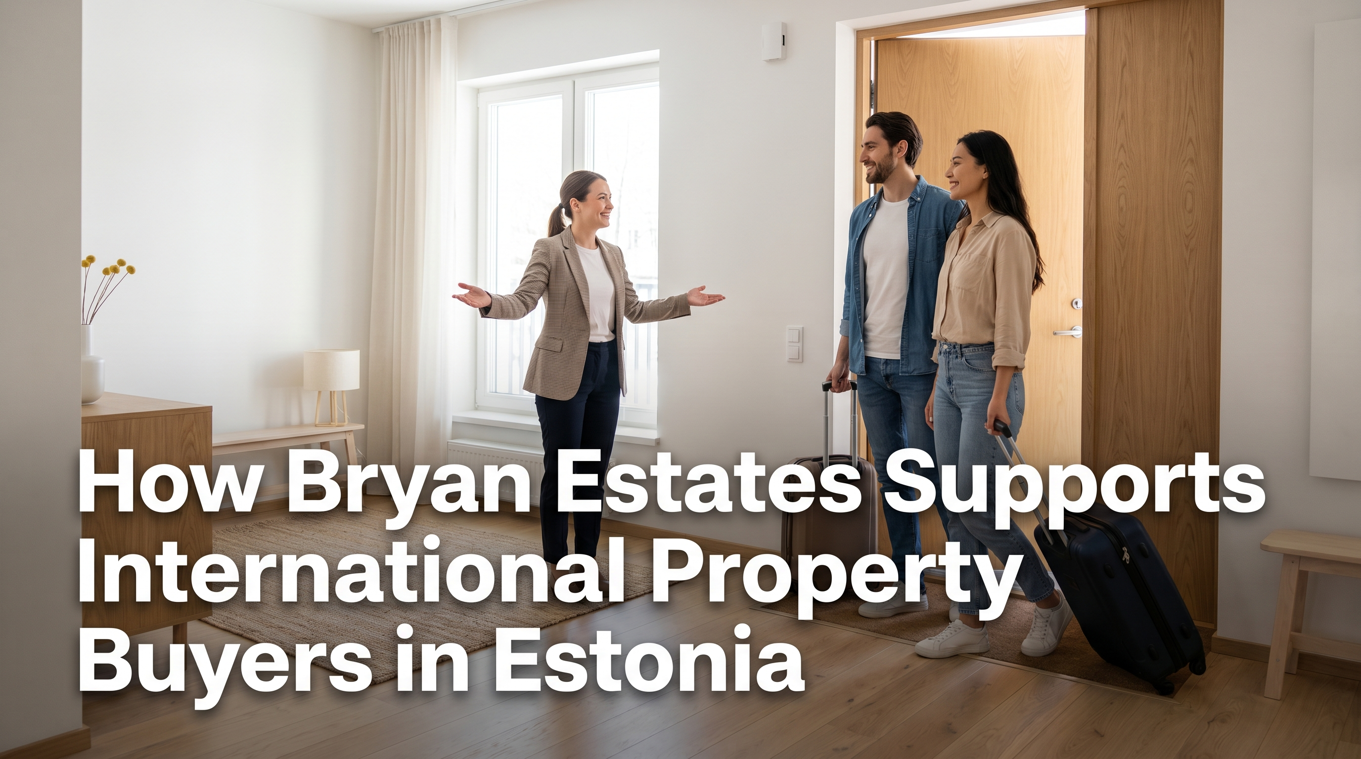 Bryan Estates team member welcoming international couple at bright modern Tallinn apartment door