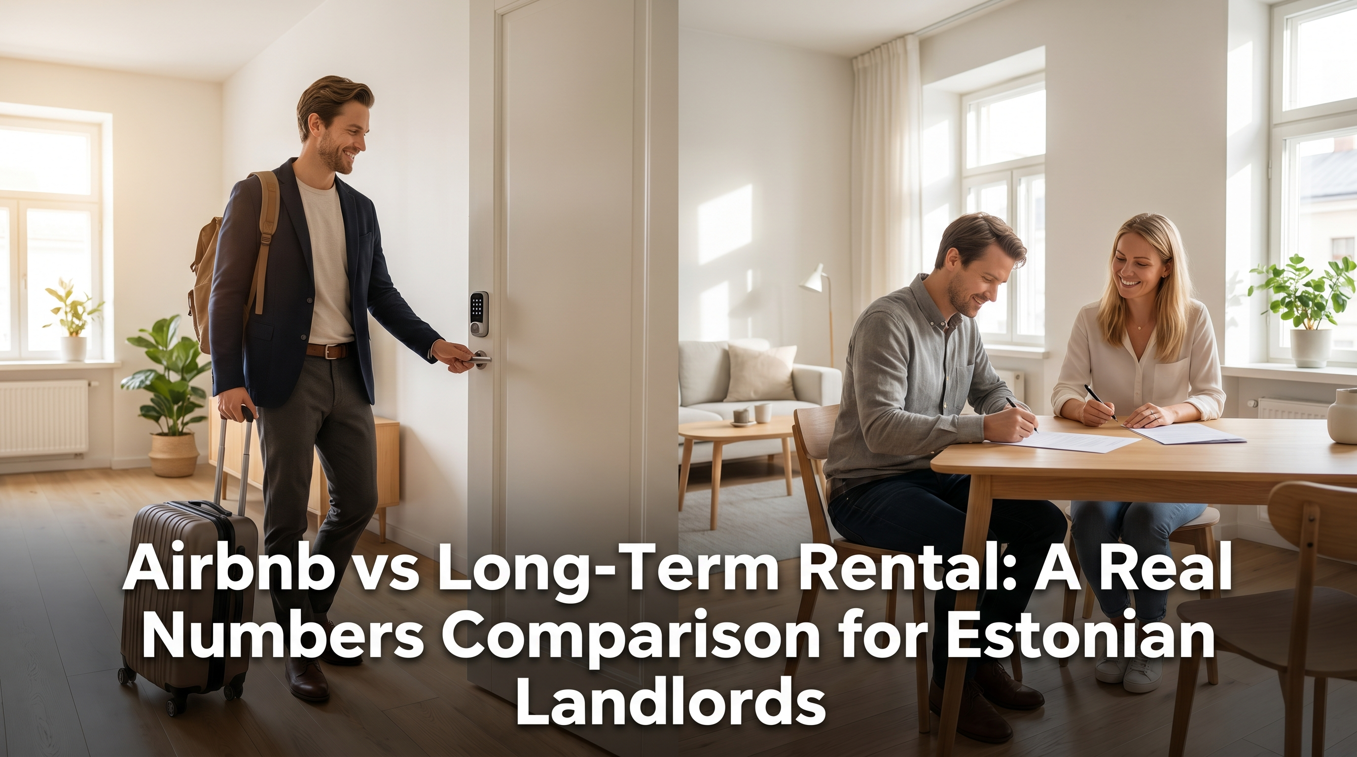 Side-by-side scene of Airbnb guest arriving with luggage and long-term tenant signing lease with landlord in Estonian apartment