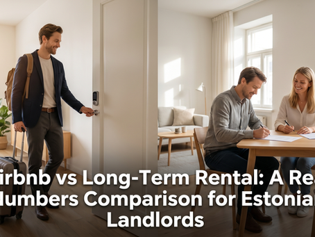 Side-by-side scene of Airbnb guest arriving with luggage and long-term tenant signing lease with landlord in Estonian apartment