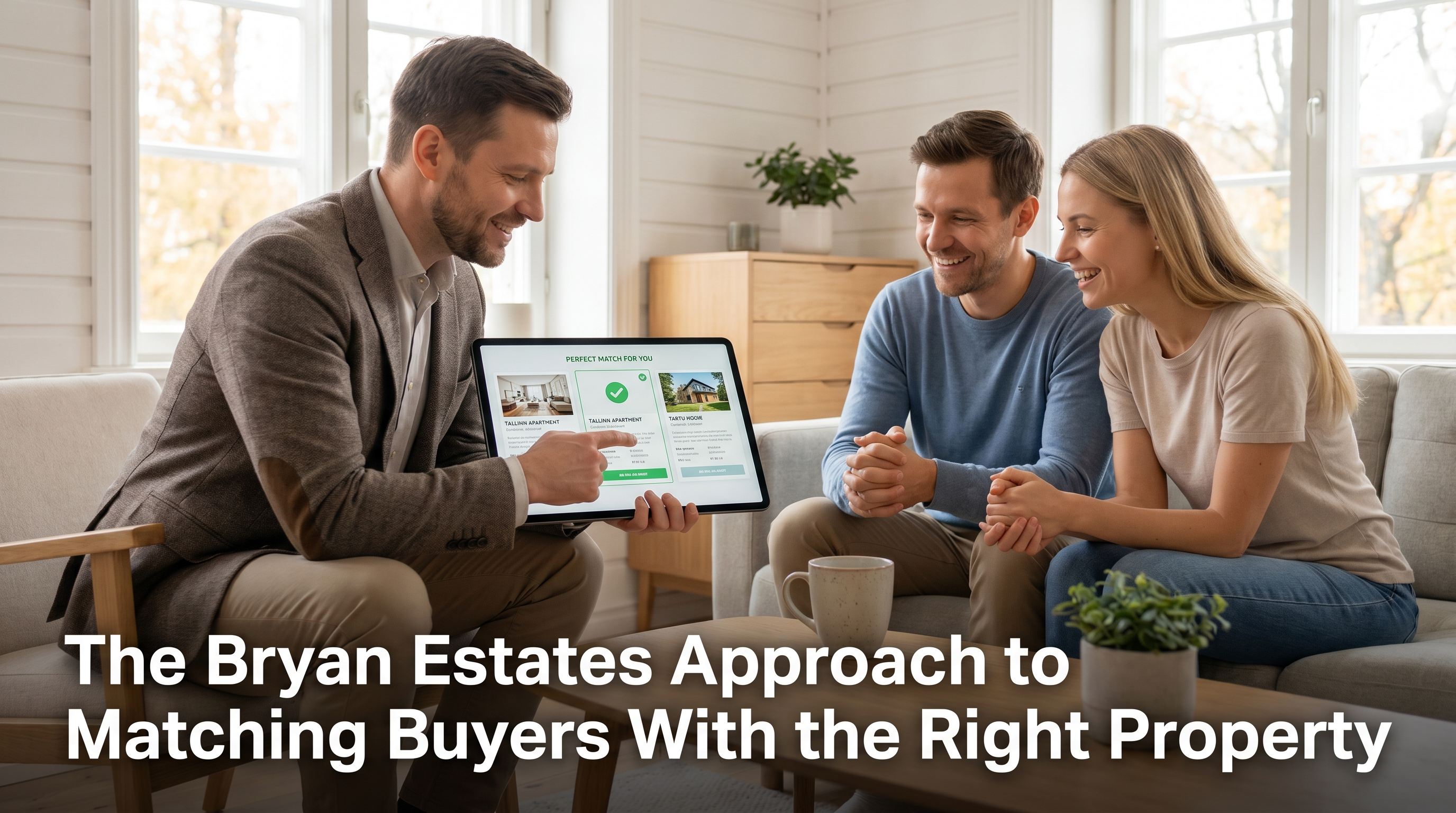 Bryan Estates consultant presenting three Estonian property listings on tablet to happy buyer couple pointing to the right match