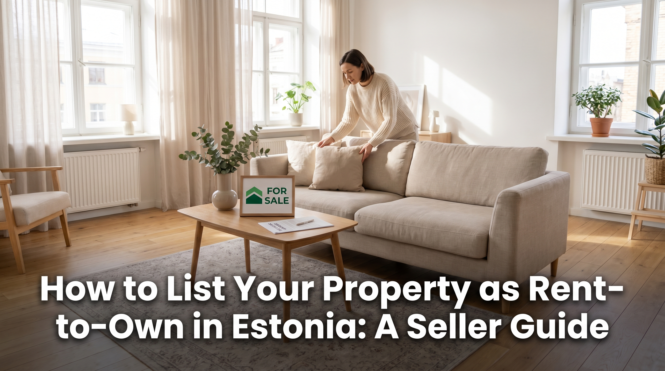 Property seller staging Estonian apartment for rent-to-own listing with contract and for-sale sign on table